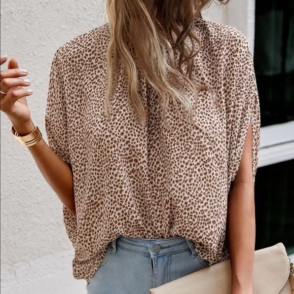Boho Leopard Print Batwing Sleeve Top Blouse - Picture 4 of 5
